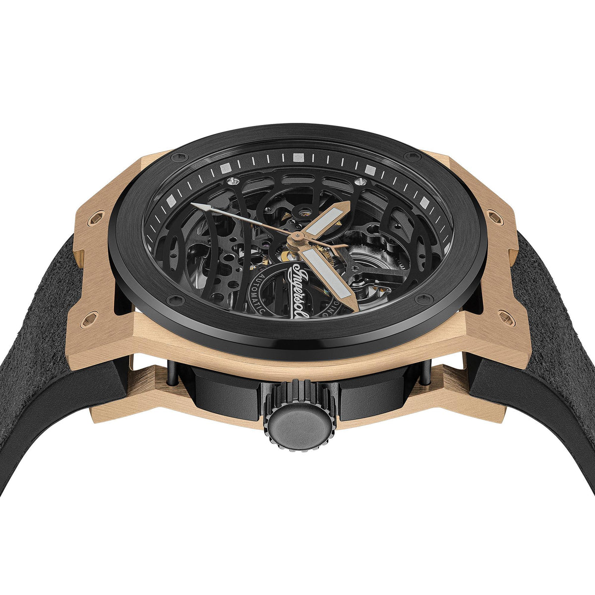 Men's automatic watch side view showing black case ring and skeleton dial with gold accents