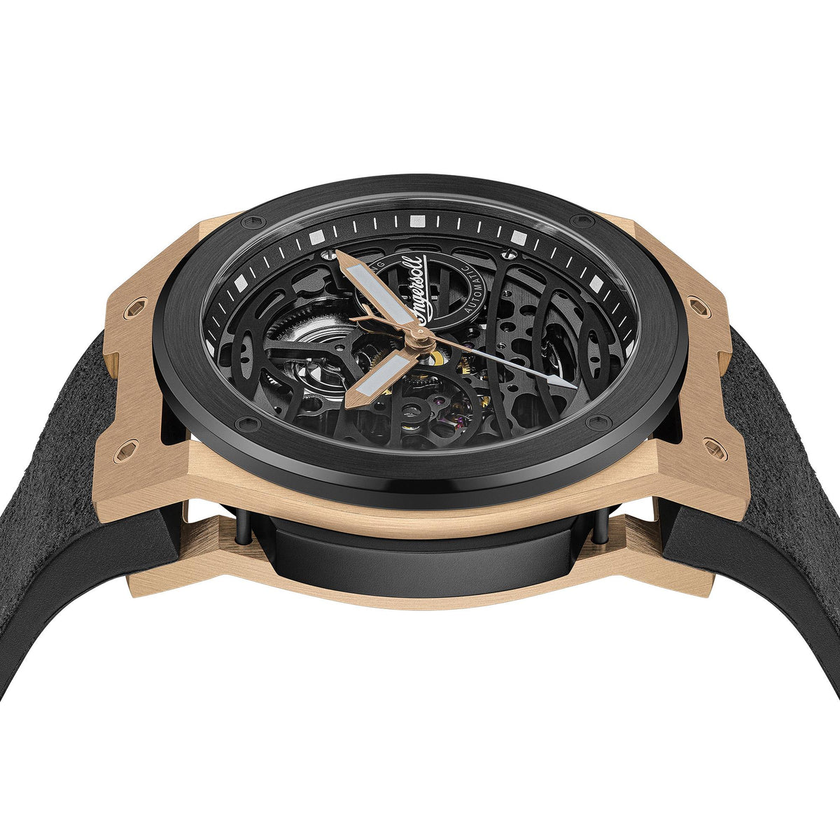 Men's automatic watch angle view showing black skeleton dial and rose-gold case edges
