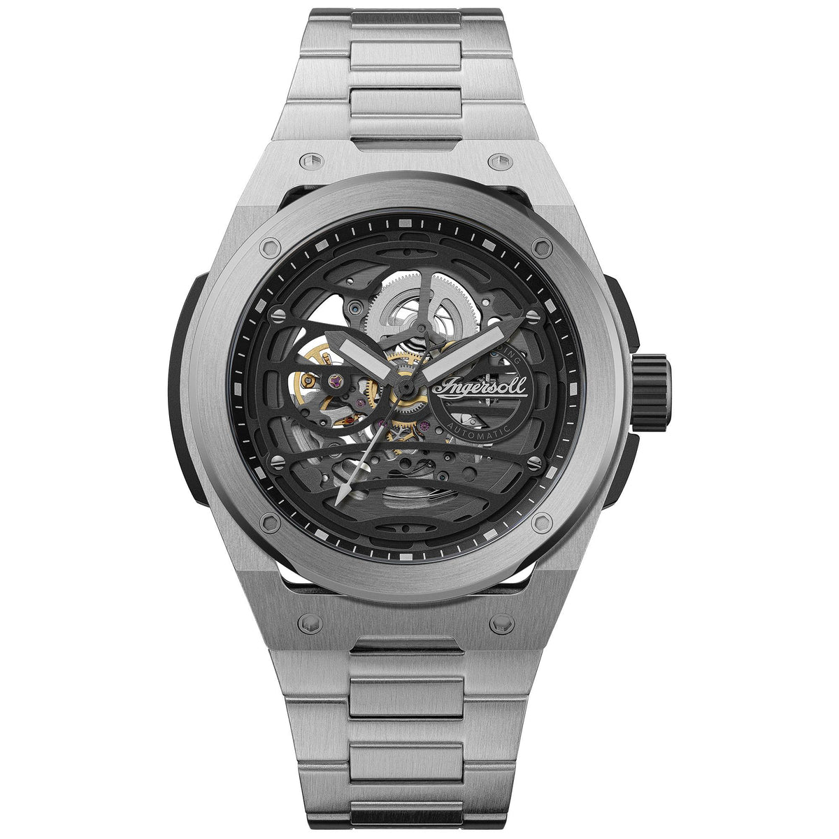 Men's automatic watch with black skeleton dial and stainless steel bracelet