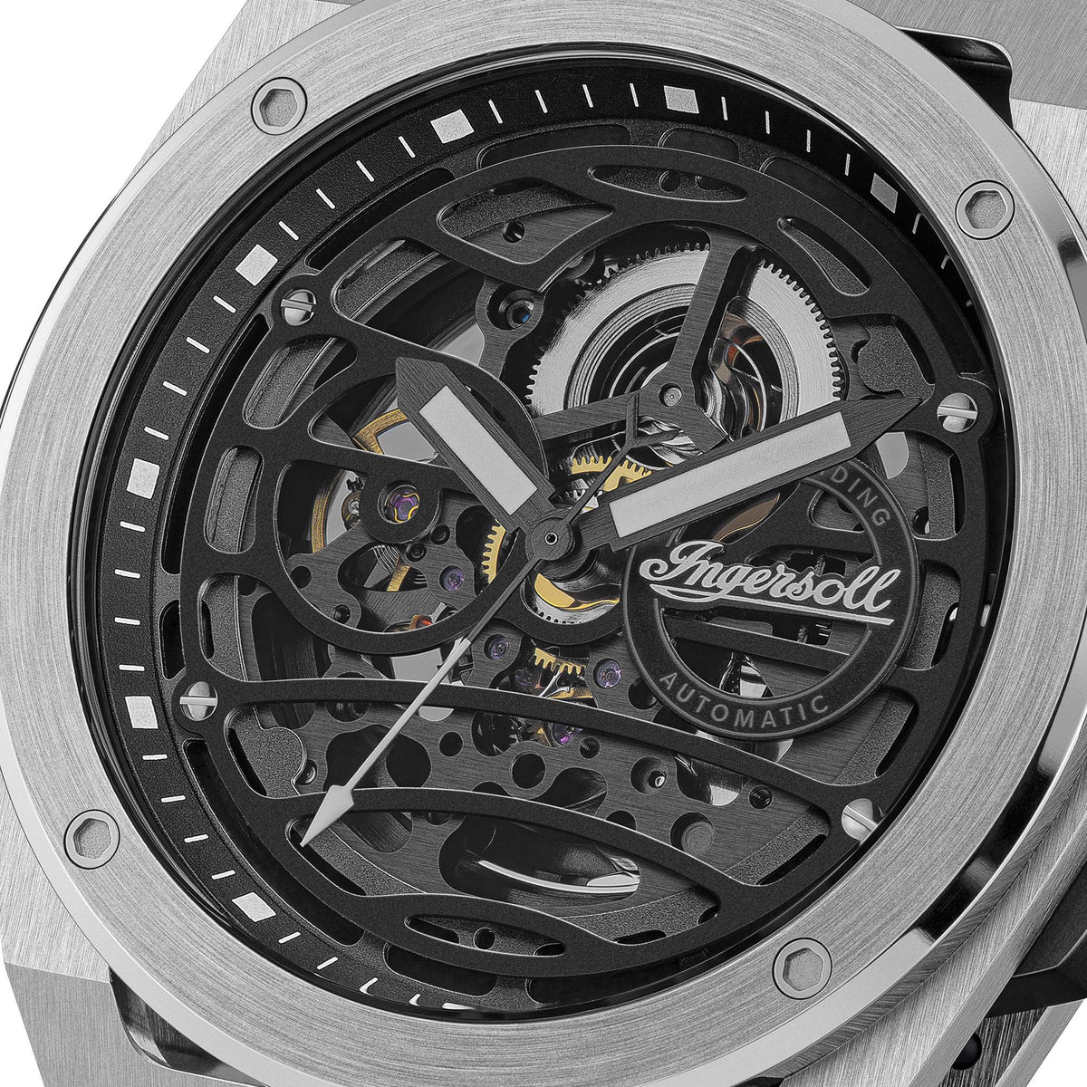 Men's automatic skeleton dial close-up, black dial with stainless steel bezel