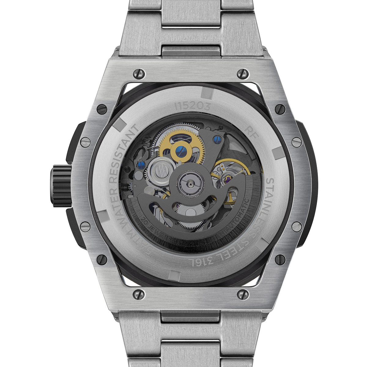 Men's automatic watch back with see-through case, stainless steel bracelet