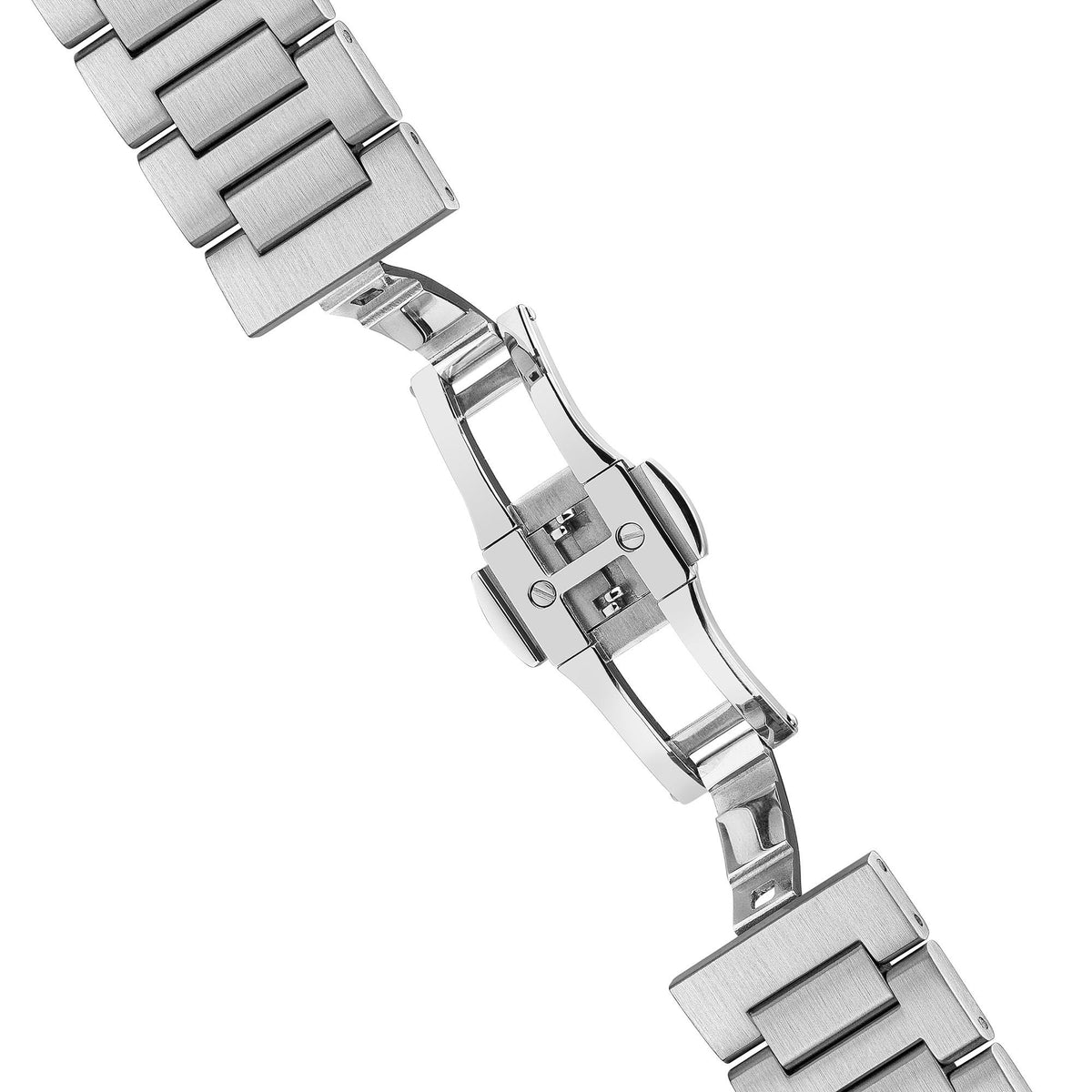 Stainless steel watch bracelet with fold-over clasp and brushed links