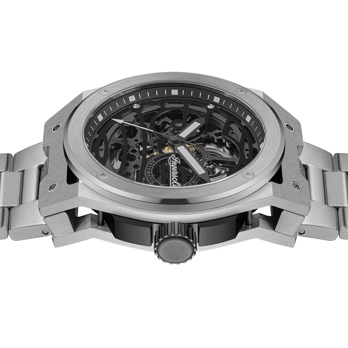 Men's automatic watch case side view with black skeleton movement
