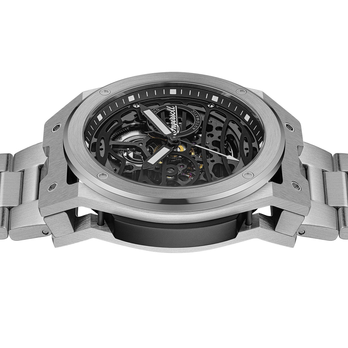 Men's automatic watch case side view, black exposed movement and crown