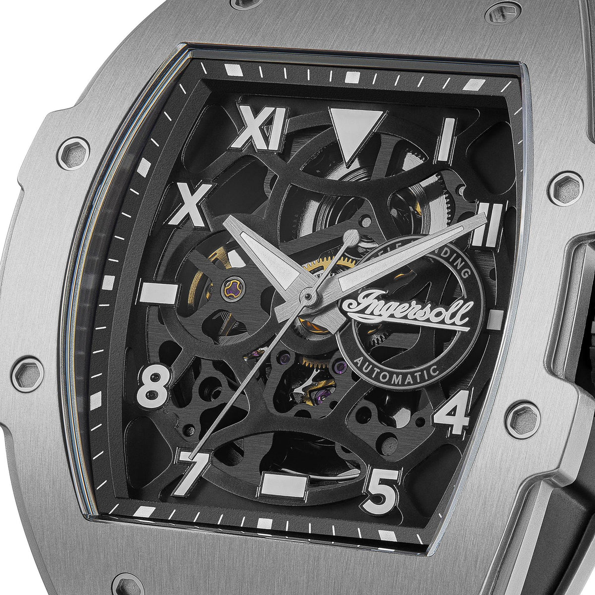 Men's automatic skeleton watch with black dial and Roman numerals, silver case, black PU strap
