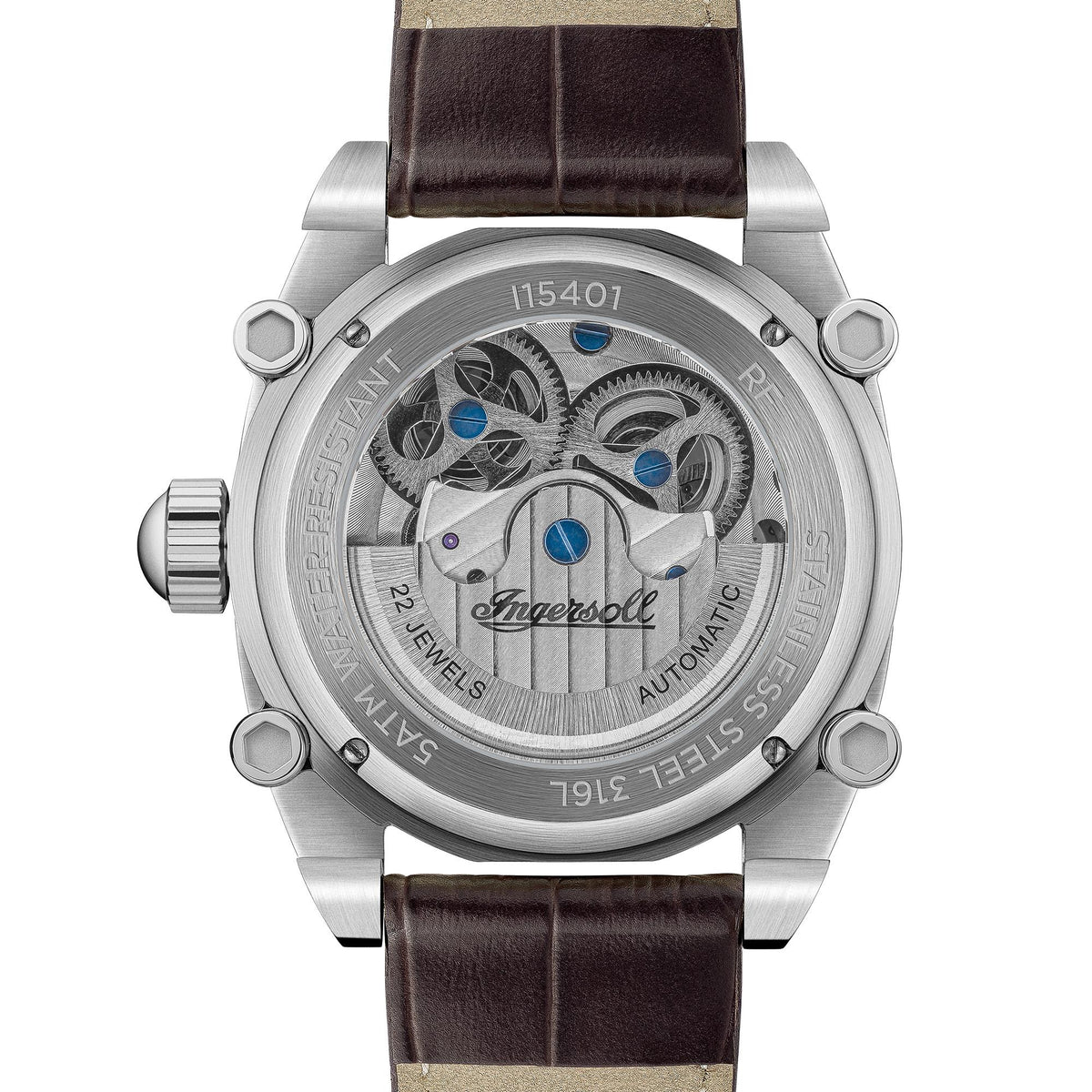 Men's automatic wristwatch caseback in silver with brown leather strap