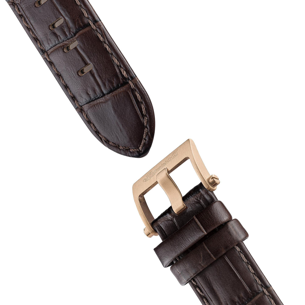 Brown leather watch strap detail with metal buckle and stitched edge