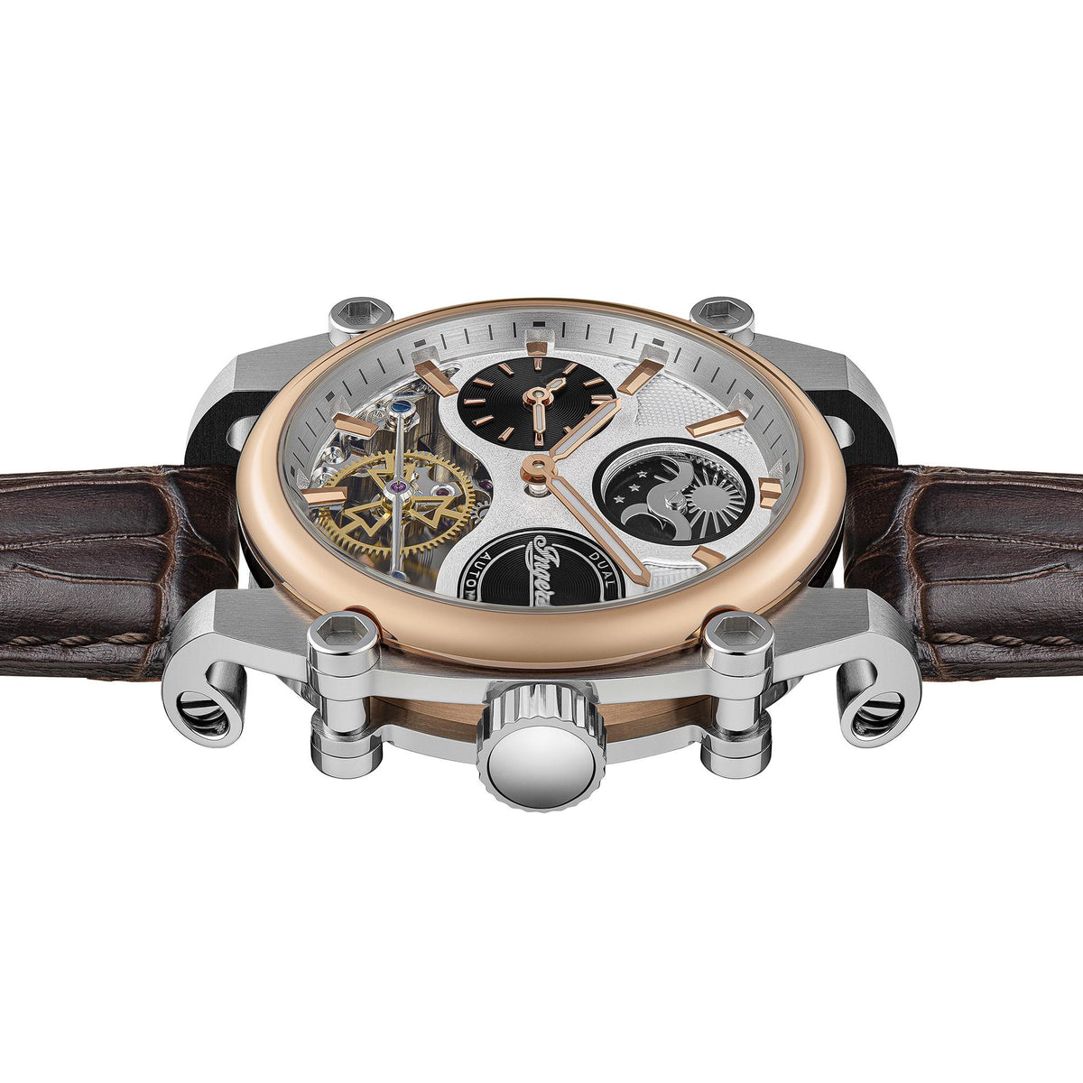 Men's automatic wristwatch front view with rose-gold bezel and skeleton movement