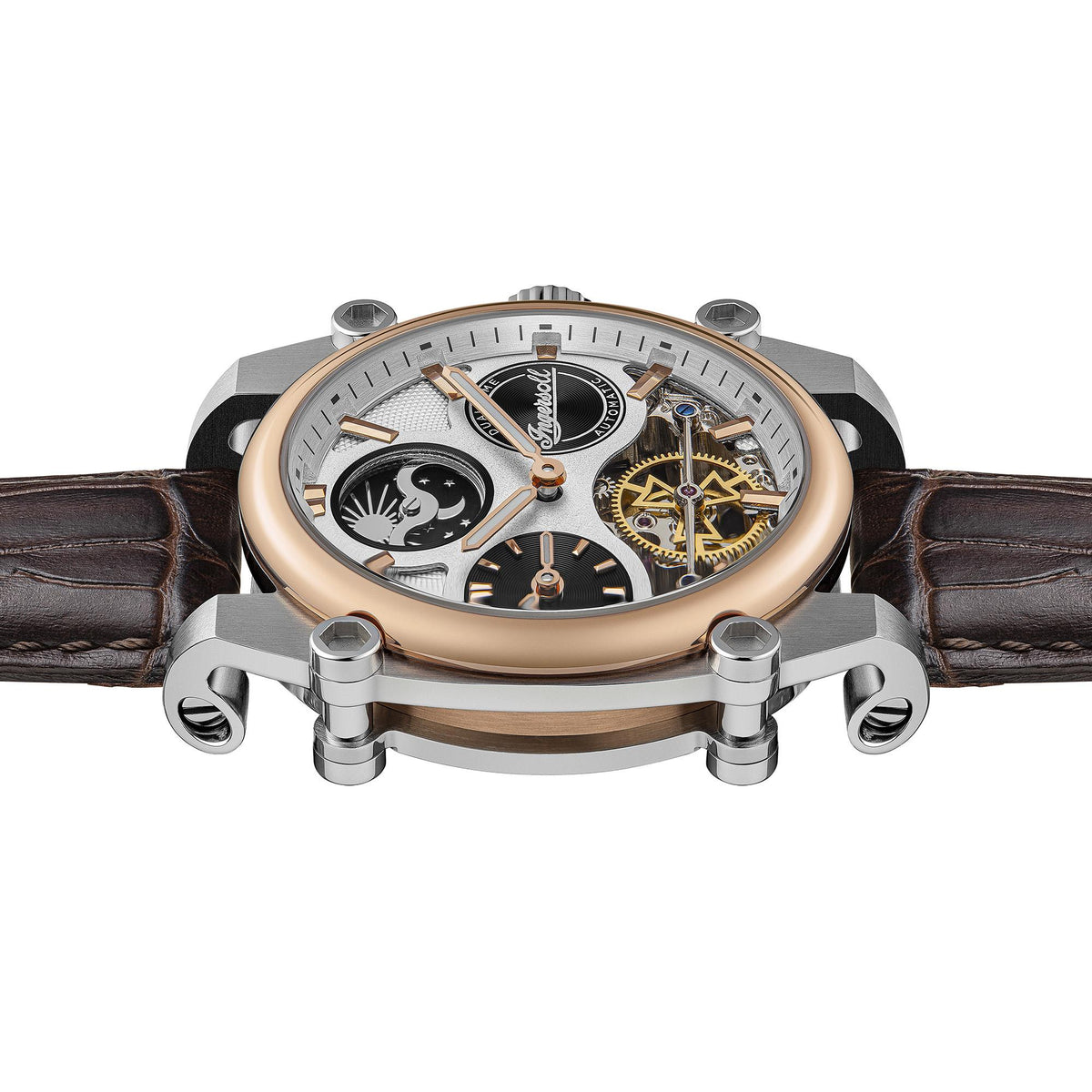 Men's automatic wristwatch front view showing black subdial and exposed gears