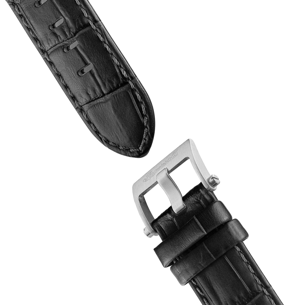 Black leather watch strap with metal buckle and stitched strap ends