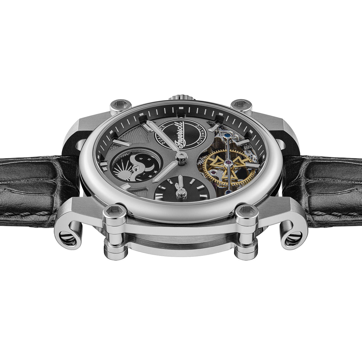 Automatic skeleton watch front view with exposed gears and multiple subdials