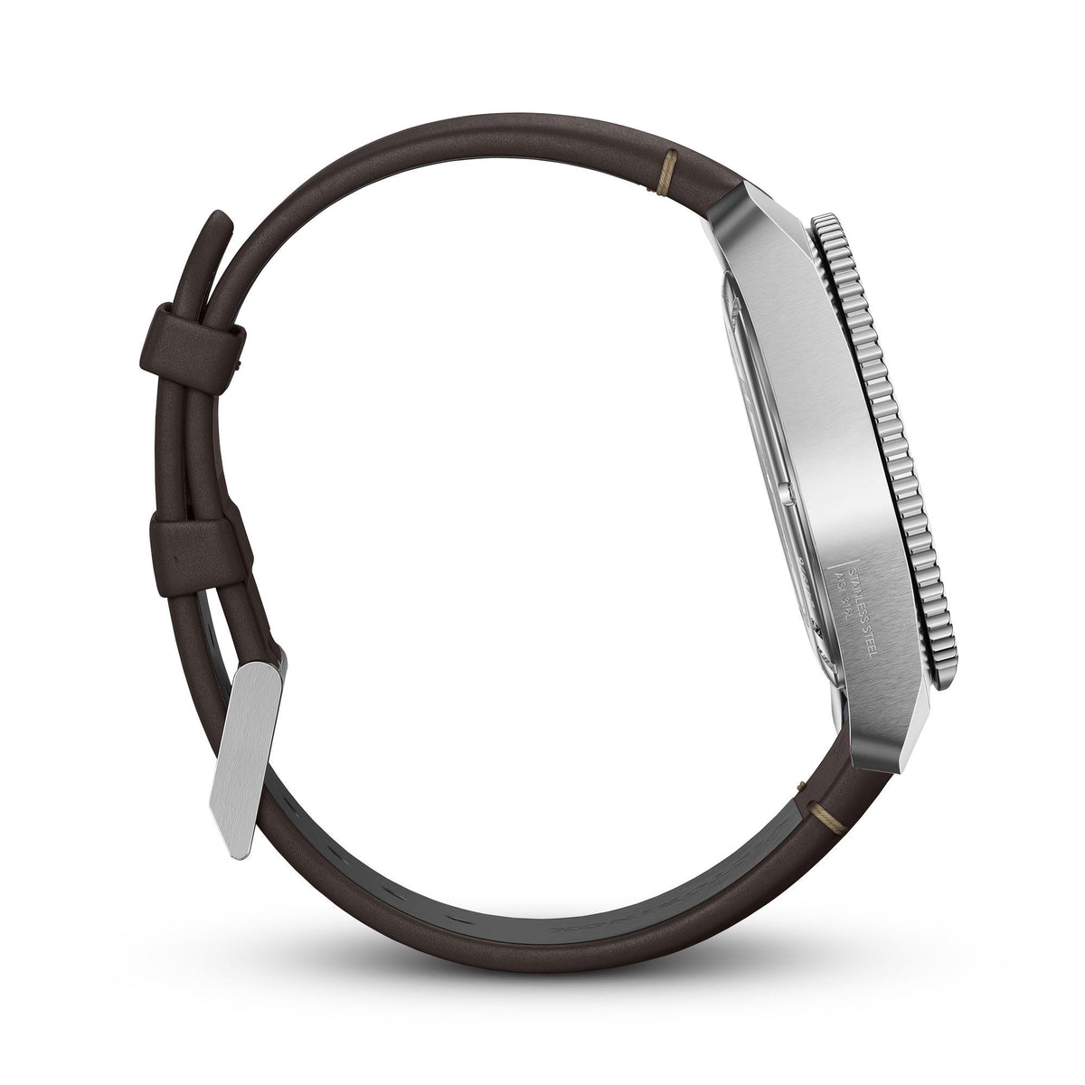 Men’s quartz wristwatch side profile with brown leather strap and silver case.