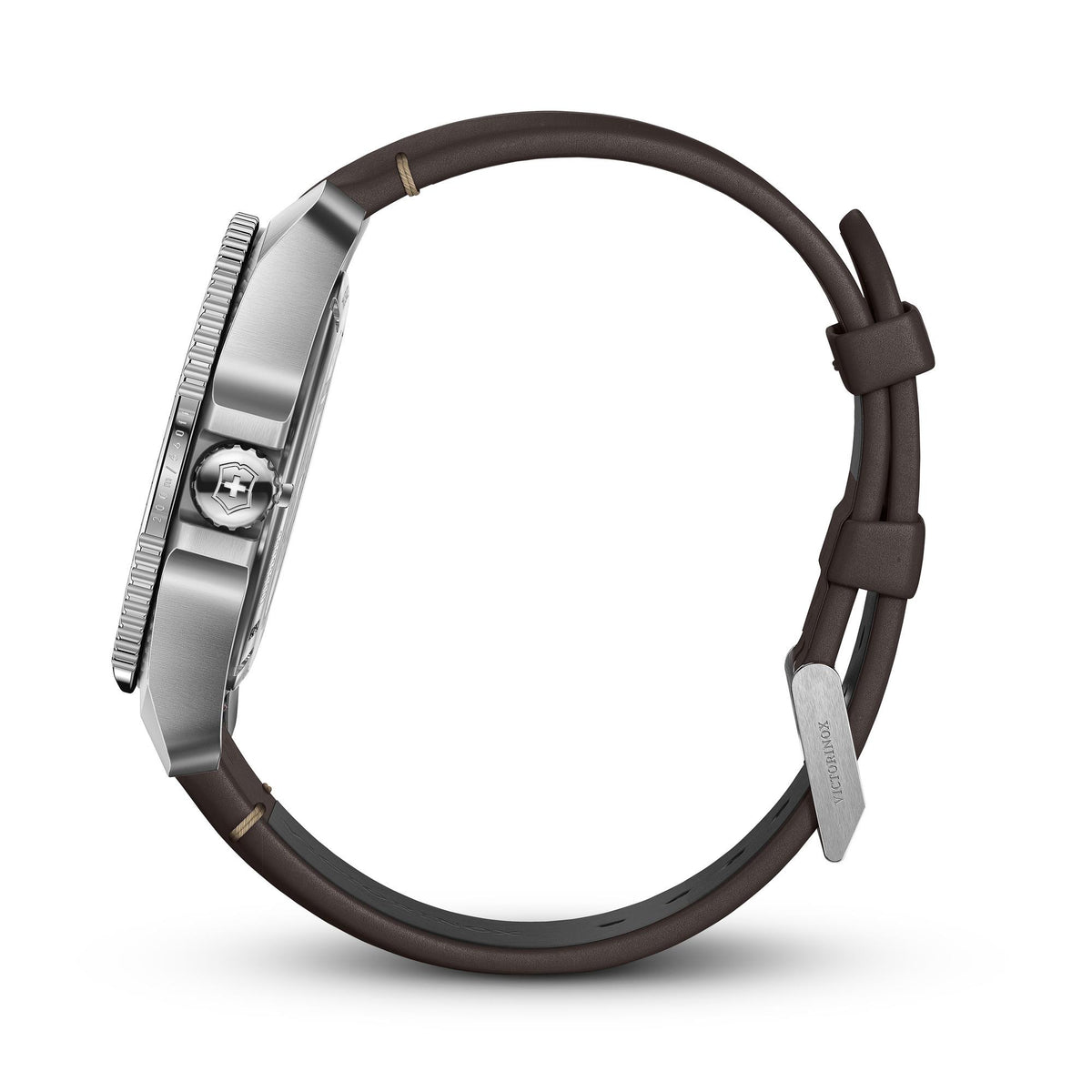 Men’s quartz wristwatch opposite side view with brown leather strap and silver case details.