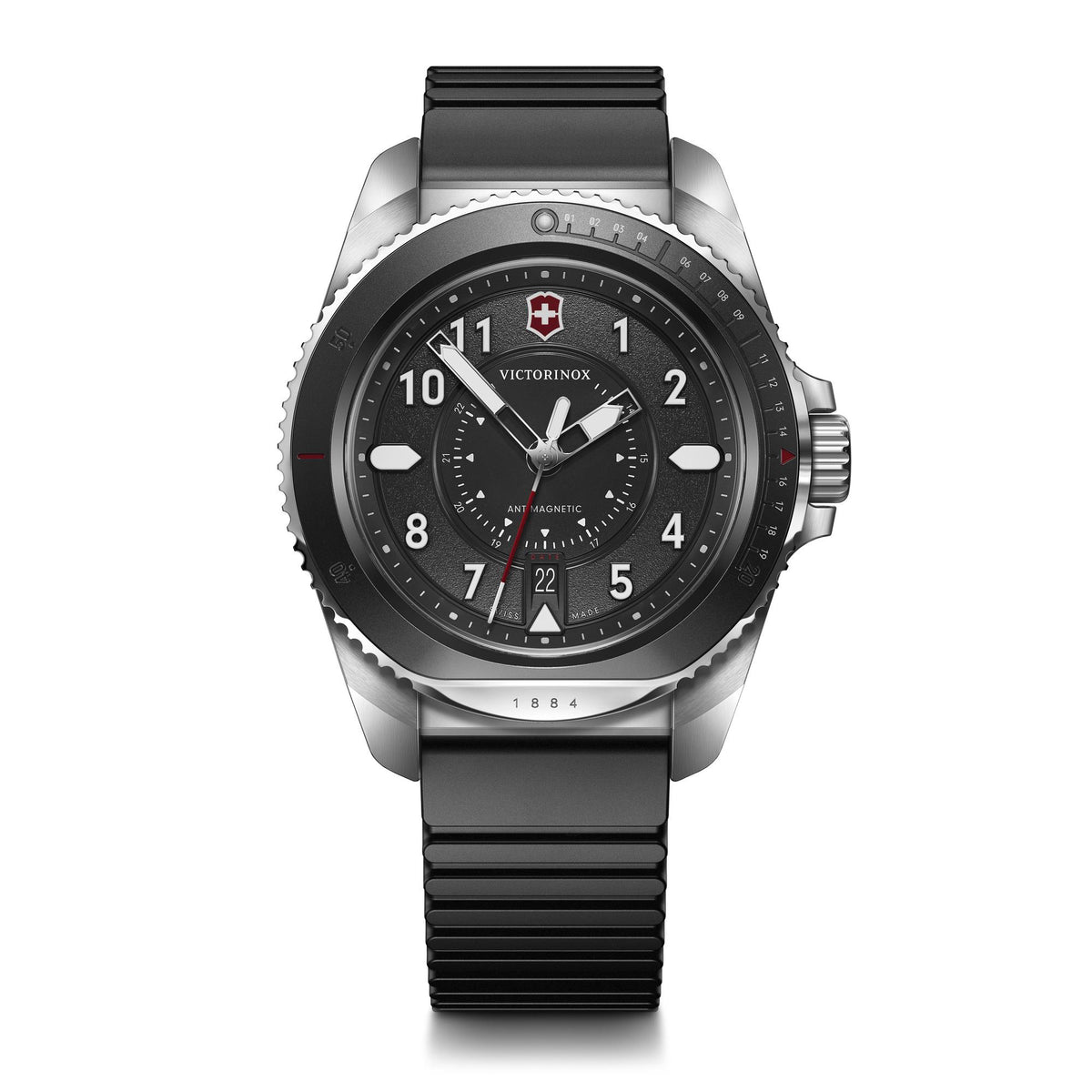Men’s quartz wristwatch with black dial, silver case, and black rubber strap.