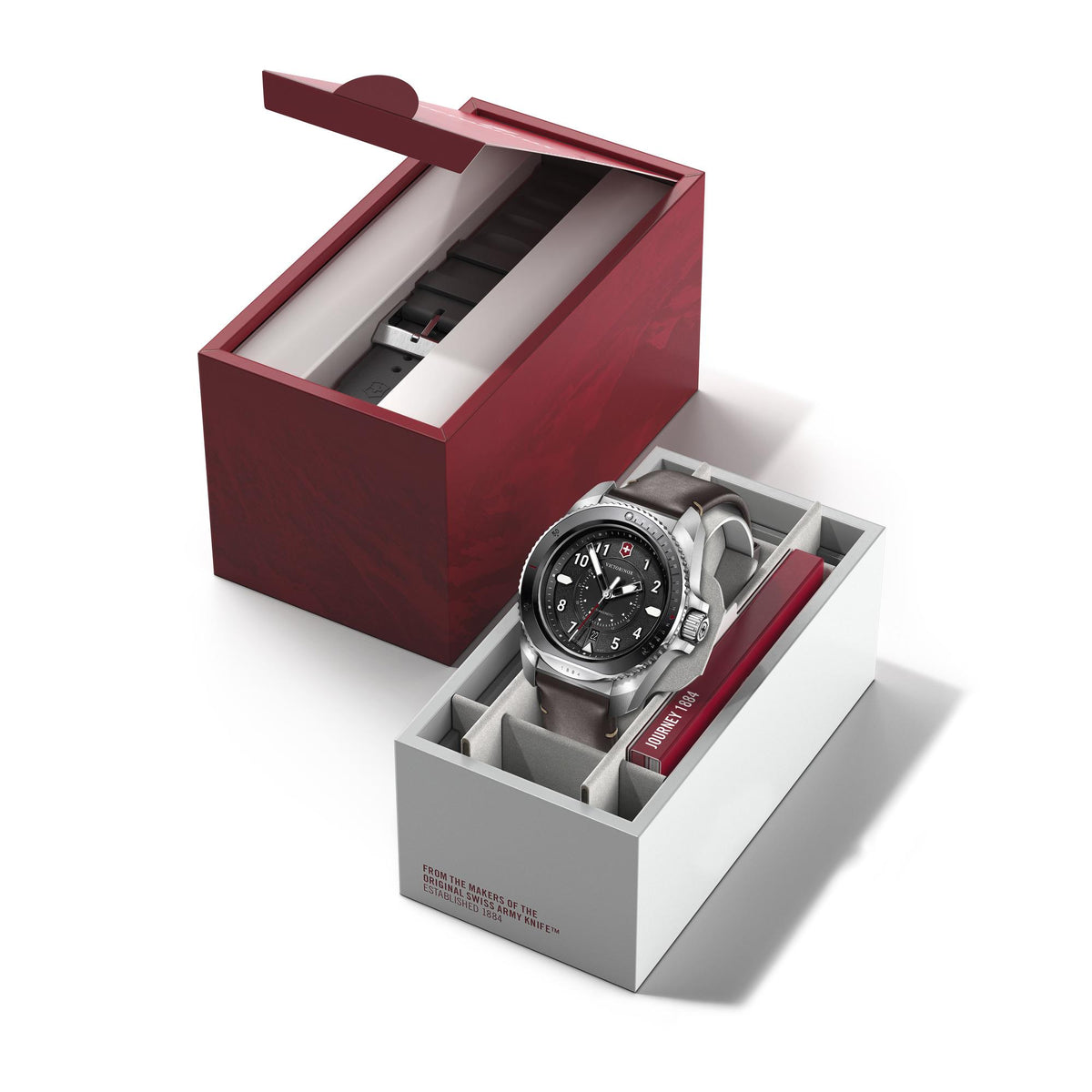 Men’s quartz wristwatch in open gift box with black dial, silver case, and strap.