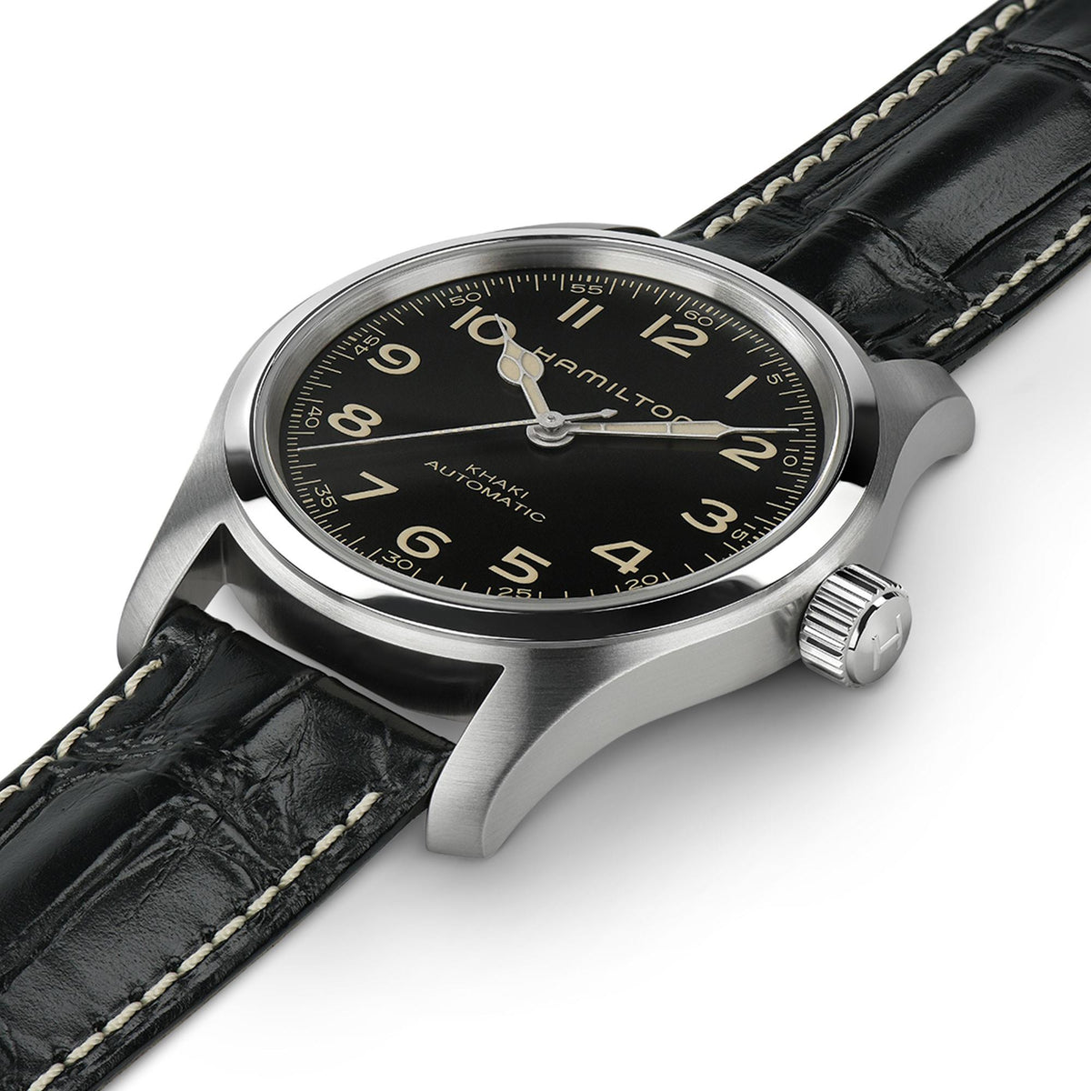Hamilton H70605731 watch with black dial and leather strap on a white background