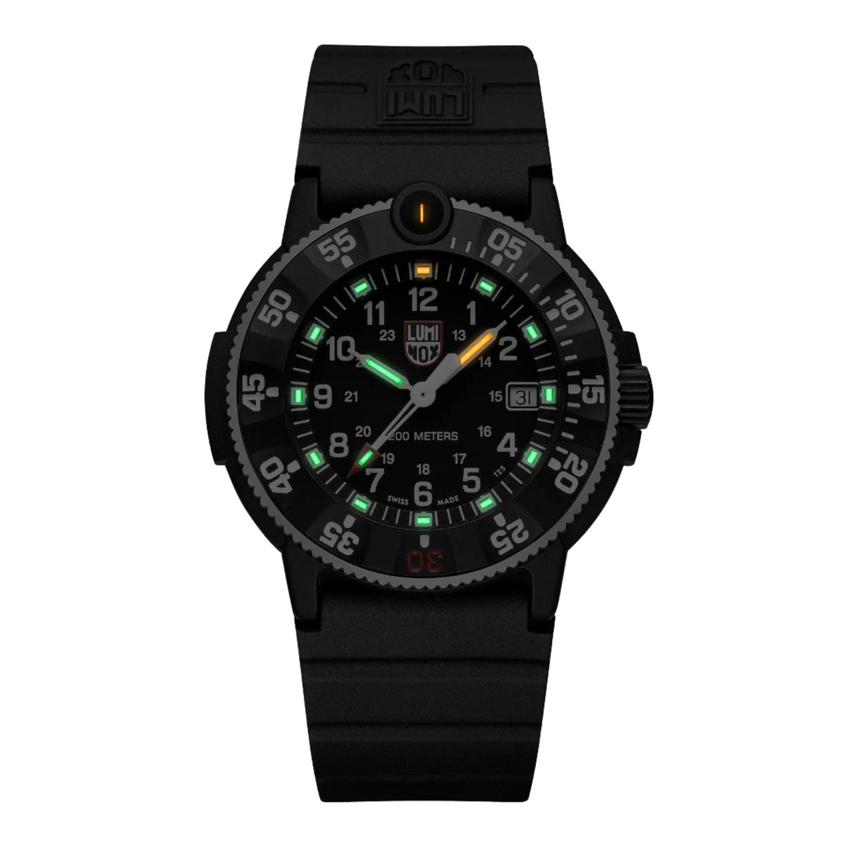 Men's black rubber quartz diver watch with black dial and green luminous hour markers