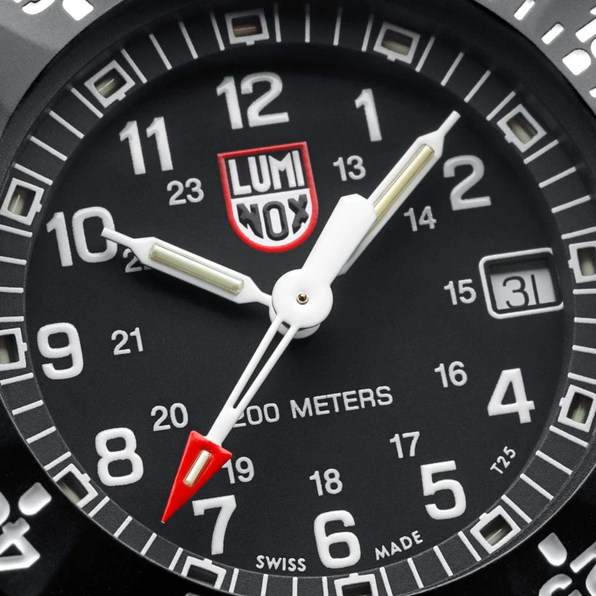 Men's black dial quartz diver watch dial close-up with red-tipped seconds hand