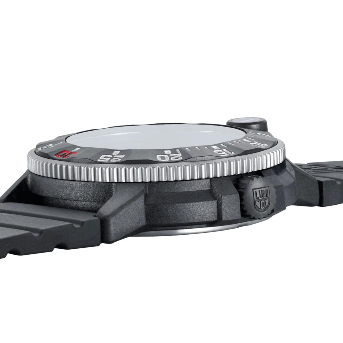 Men's black quartz diver watch top view with ridged bezel and protective caseback tabs