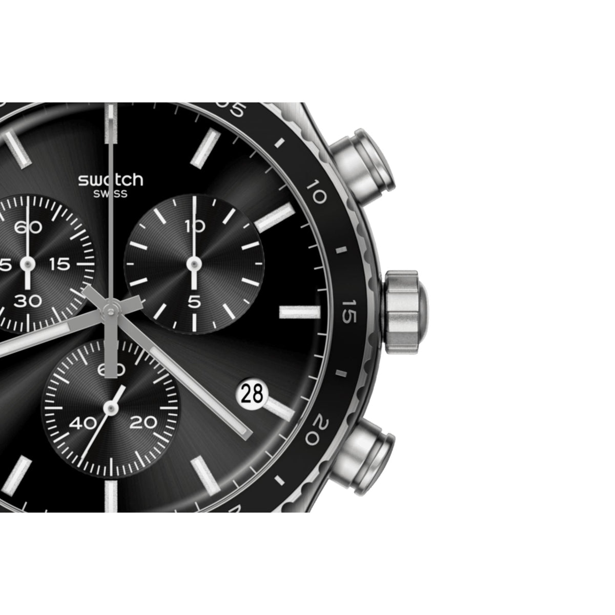 Swatch chronograph watch close-up: black dial, silver hands, date window at 28