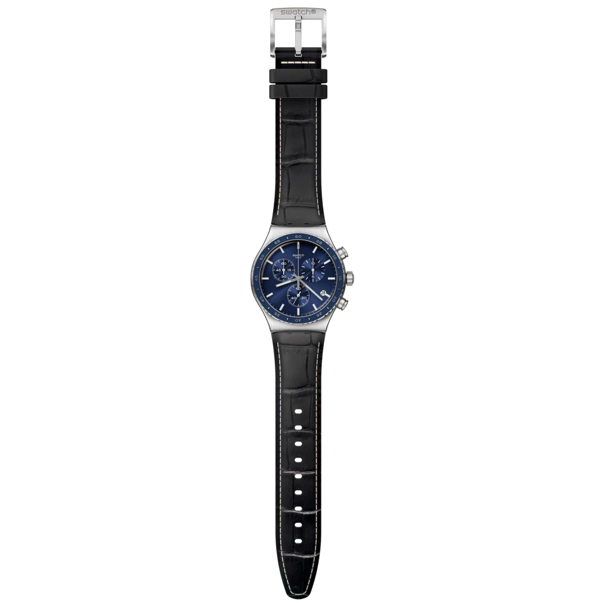 Blue chronograph watch on black leather strap with silver case and metal clasp