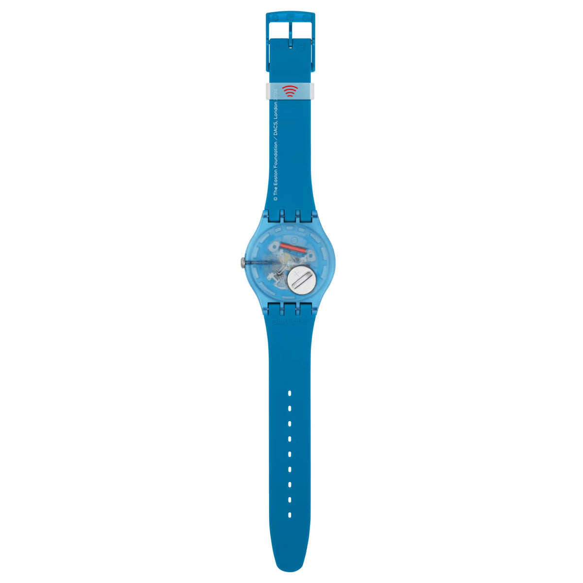 Blue silicone strap watch with circular spiral face and blue bezel