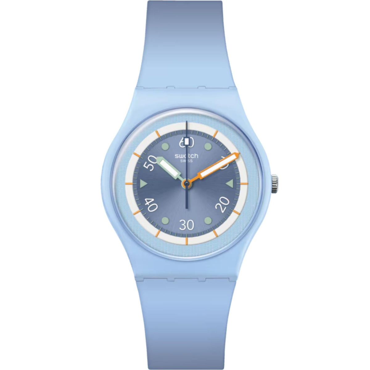 Light blue silicone watch with dark dial, orange hands, and date markers