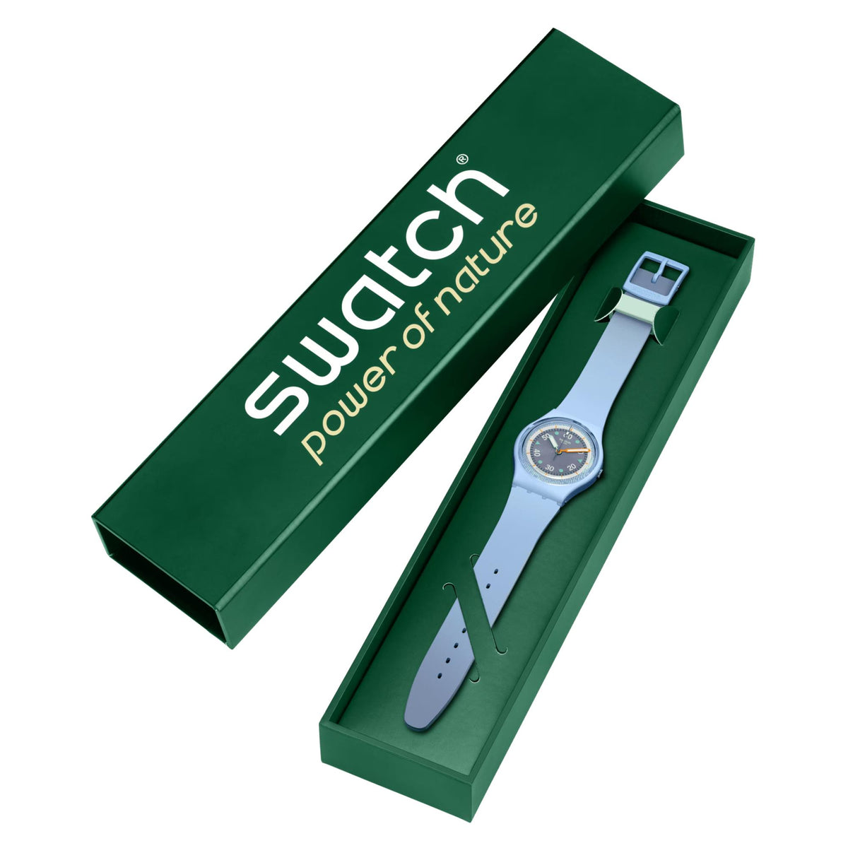 Swatch watch in green gift box, light blue strap and dark dial with orange hands