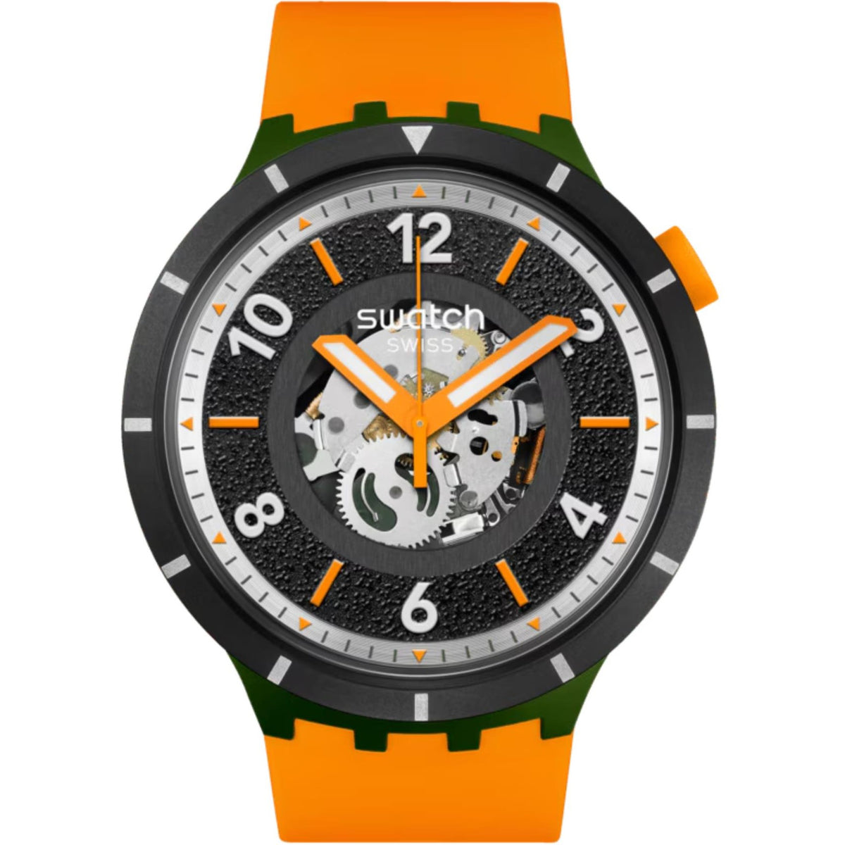 Swatch watch with black skeleton dial, orange hands, orange-and-green silicone strap