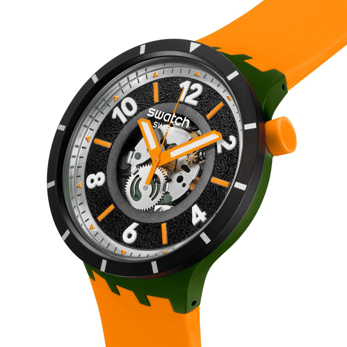 Swatch watch angled view: black dial with orange hands, orange-and-green silicone strap