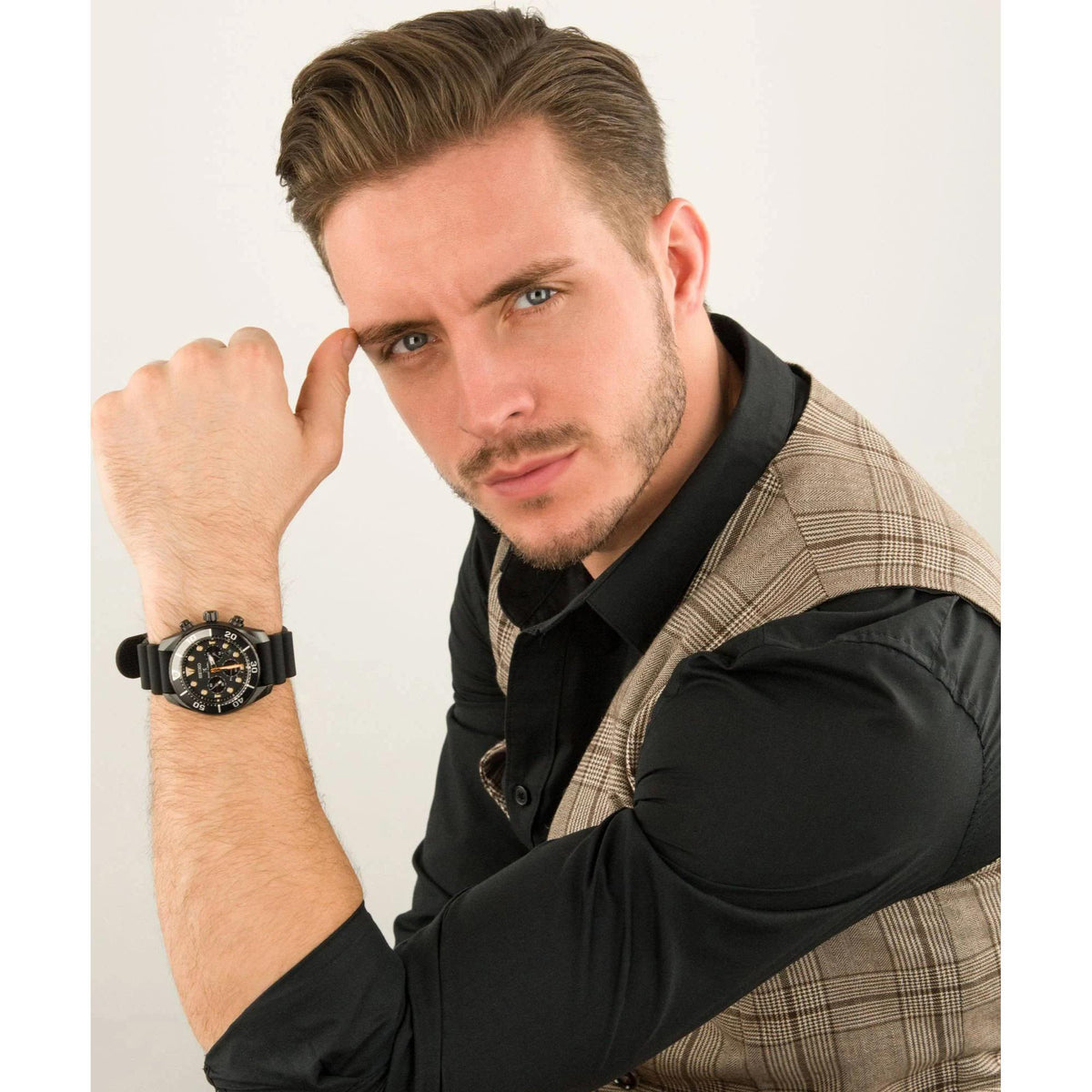Seiko Prospex SSC761J1 black dial and silicone strap on a mans wrist