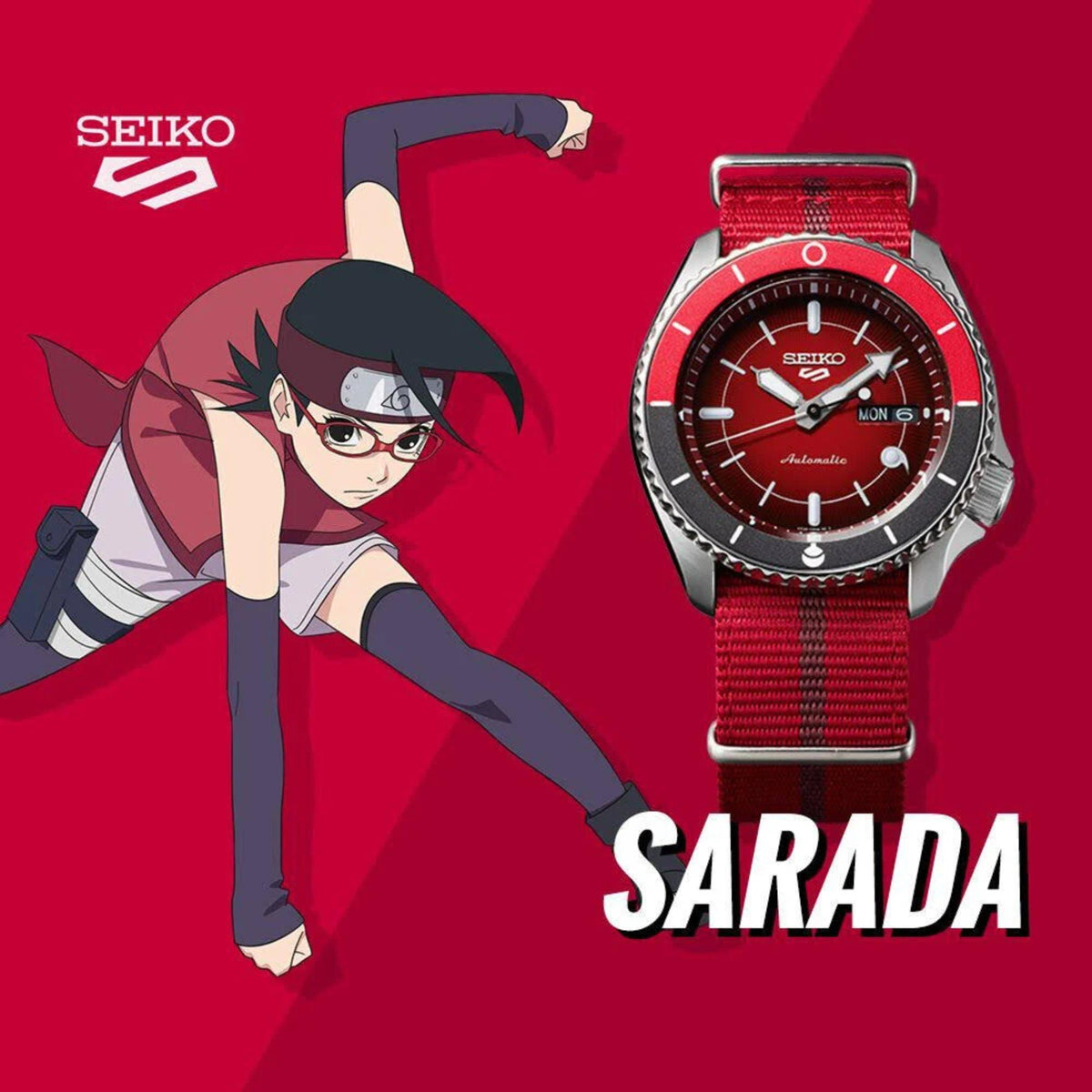 Men's Seiko sports watch with red dial and red nylon strap