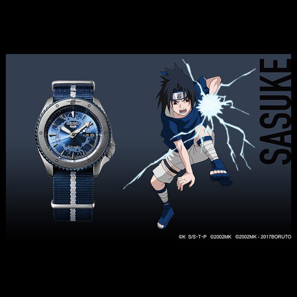 Seiko 5 Sports Naruto & Boruto limited edition watch SRPF69K1 alongside Sasuke Uchiha artwork showcasing the character-inspired blue dial design