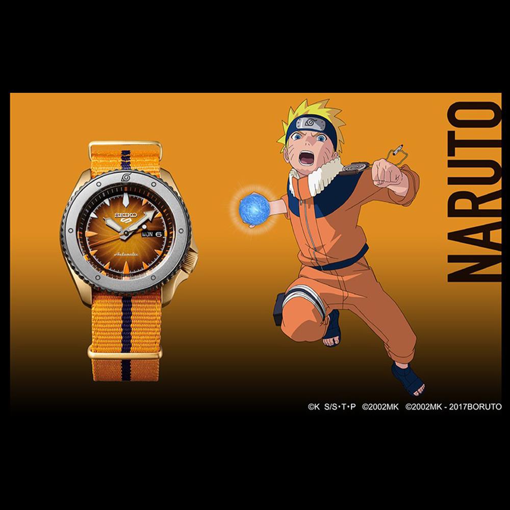 Men's automatic wristwatch with orange dial and orange nylon strap, shown in Naruto-themed layout