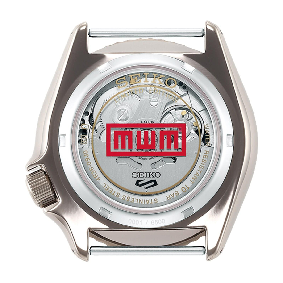 See-through exhibition case back of the Seiko automatic watch showing the inner mechanical movement.
