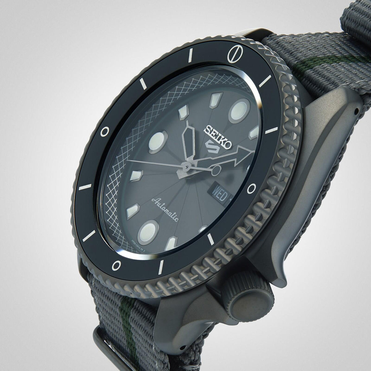 Seiko 5 Sports automatic watch showcasing the black bezel and matte grey case