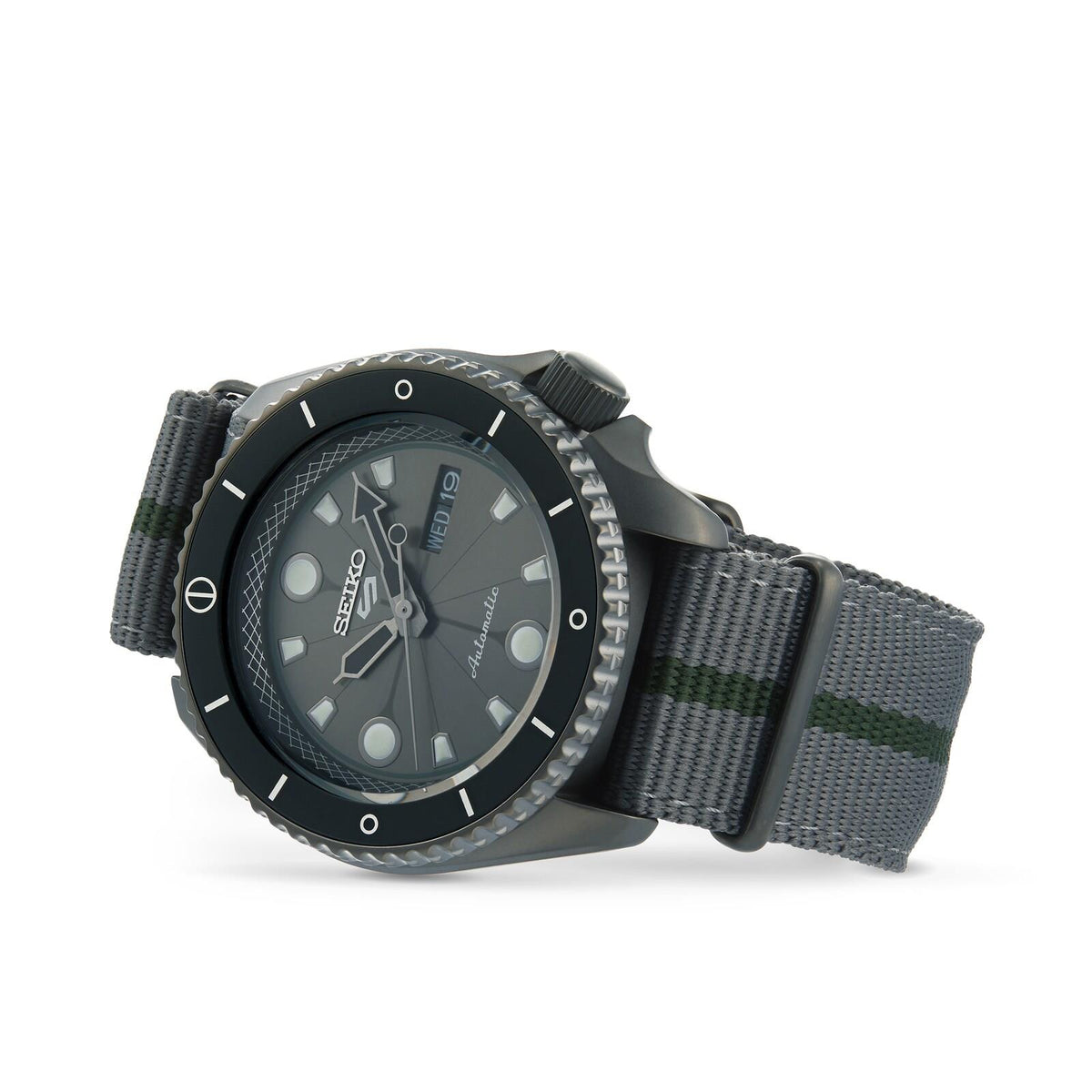 Seiko 5 Sports Boruto & Naruto: Shikamaru automatic mens watch SRPF75K1 with luminous indices and day-date window