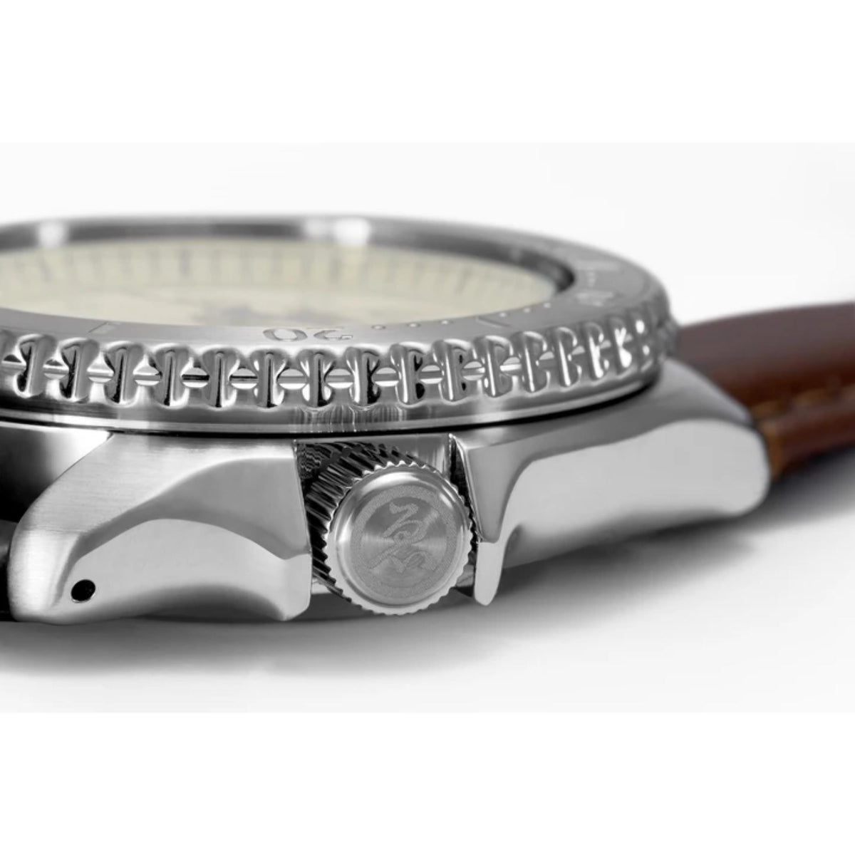 Seiko 5 Sports mens watch side profile showing the engraved crown, coin-edge bezel design and case thickness