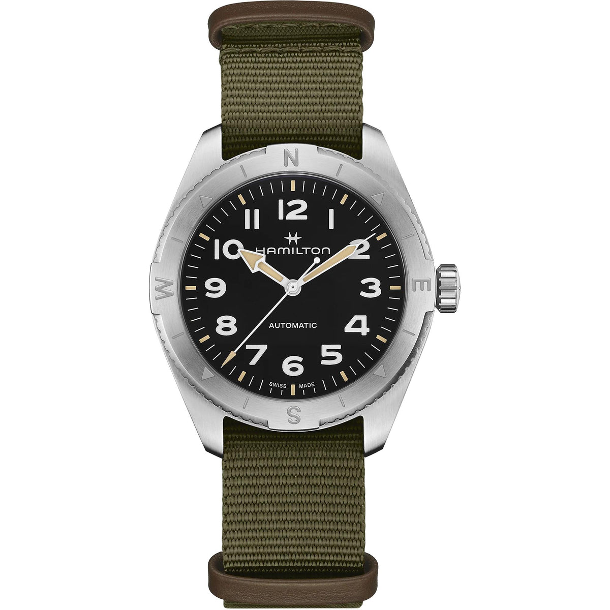 Hamilton Khaki Field 41mm Expedition black dial green NATO automatic watch H70315931 front view