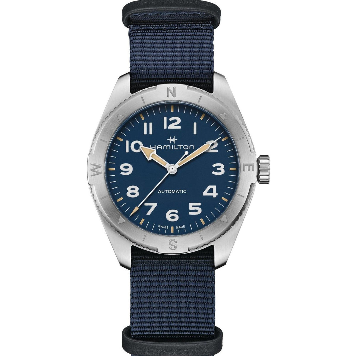 Hamilton Khaki Field 41mm Expedition blue dial NATO automatic watch H70315940 front view 