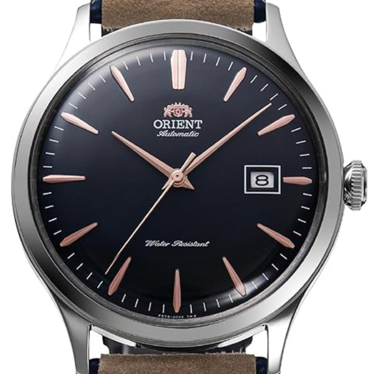 Men's Orient Bambino automatic watch, dark blue dial with rose-gold hands and date window
