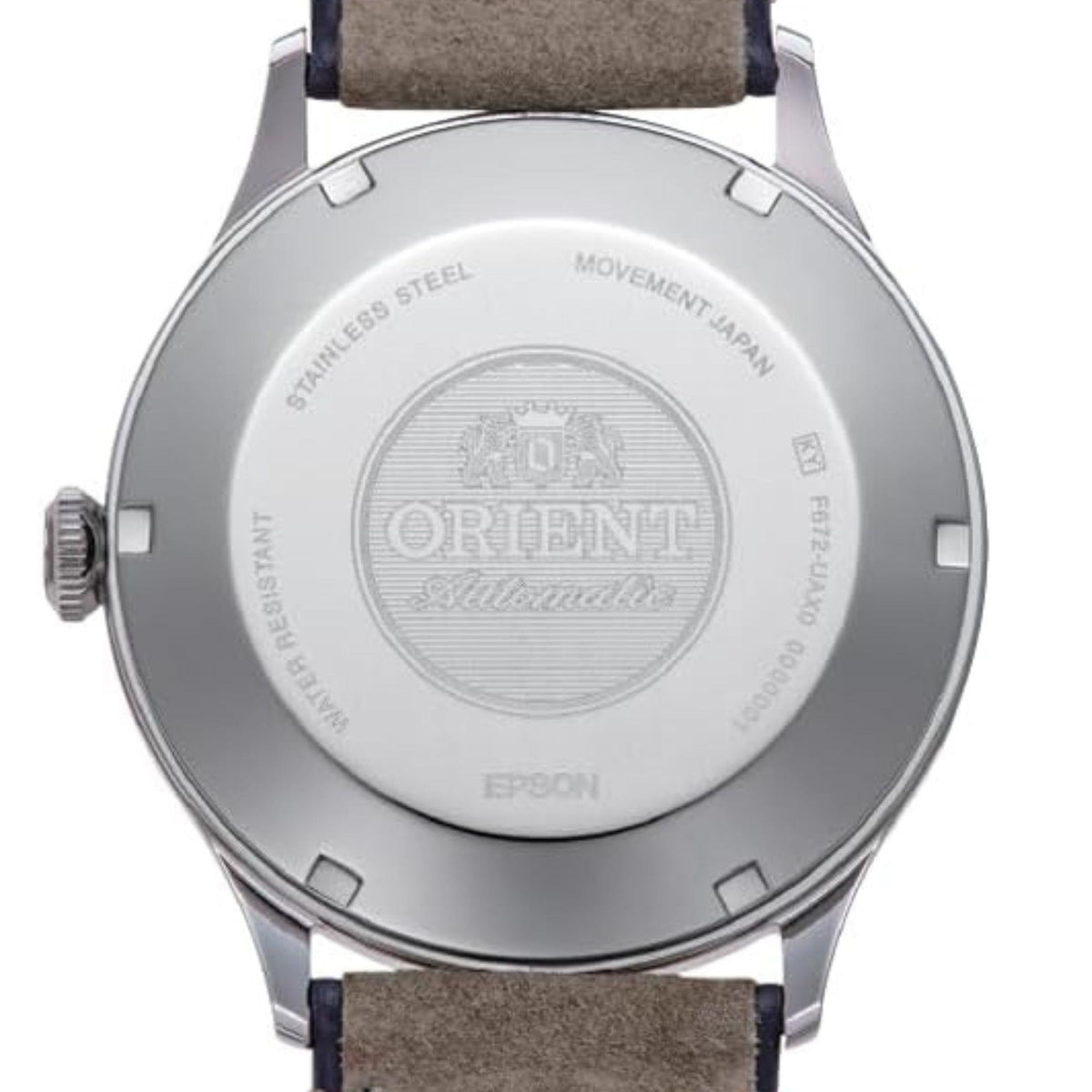 Men's Orient Bambino automatic watch case back close-up with engraved logo and dark blue strap
