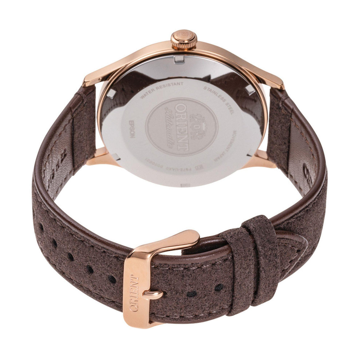 Men's bronze-tone automatic watch with brown leather strap and clasp buckle, rear view