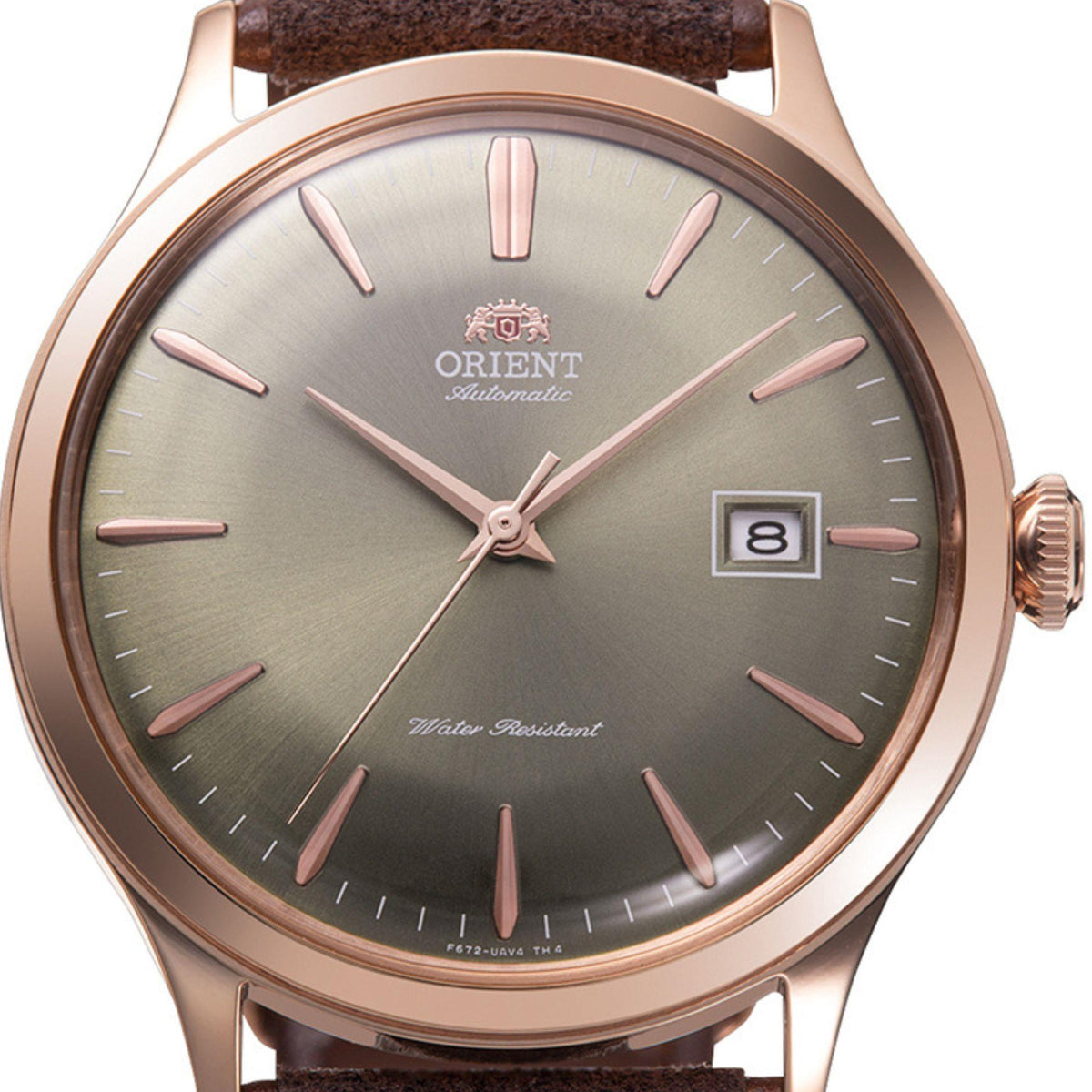 Men's bronze-tone automatic watch with brown leather strap, gray dial, rose-tone hands