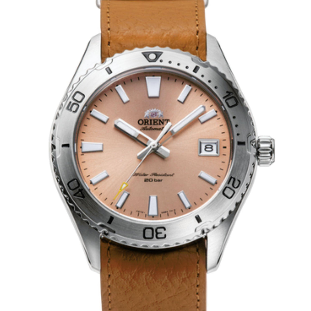 Mens automatic watch with orange dial, silver bezel numbers, brown leather strap, crown