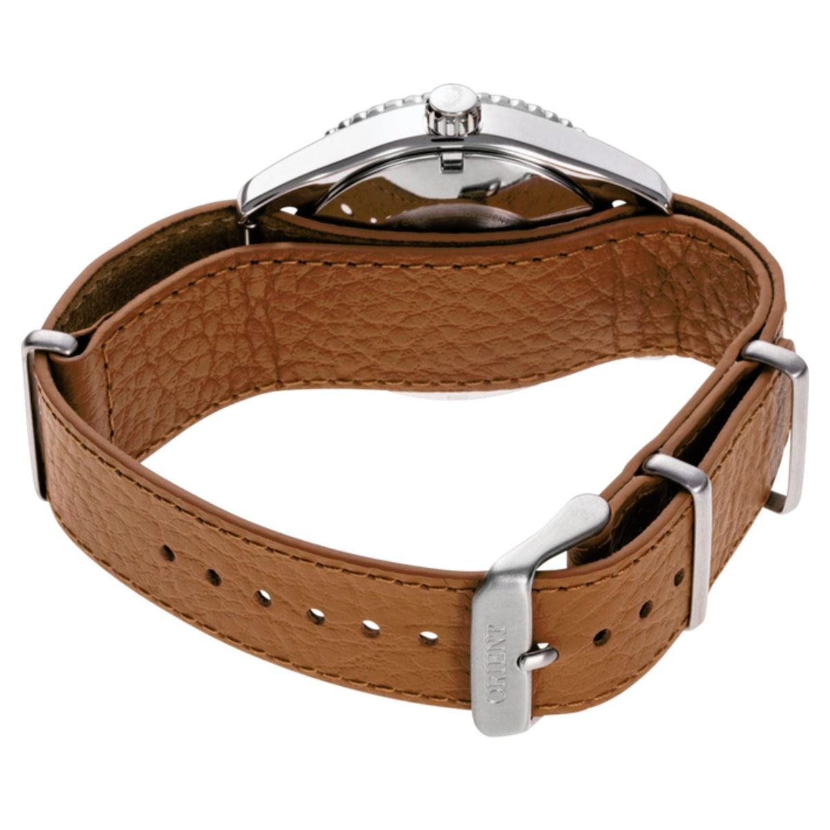 Brown leather watch strap with metal buckle and pin clasp, silver-toned hardware