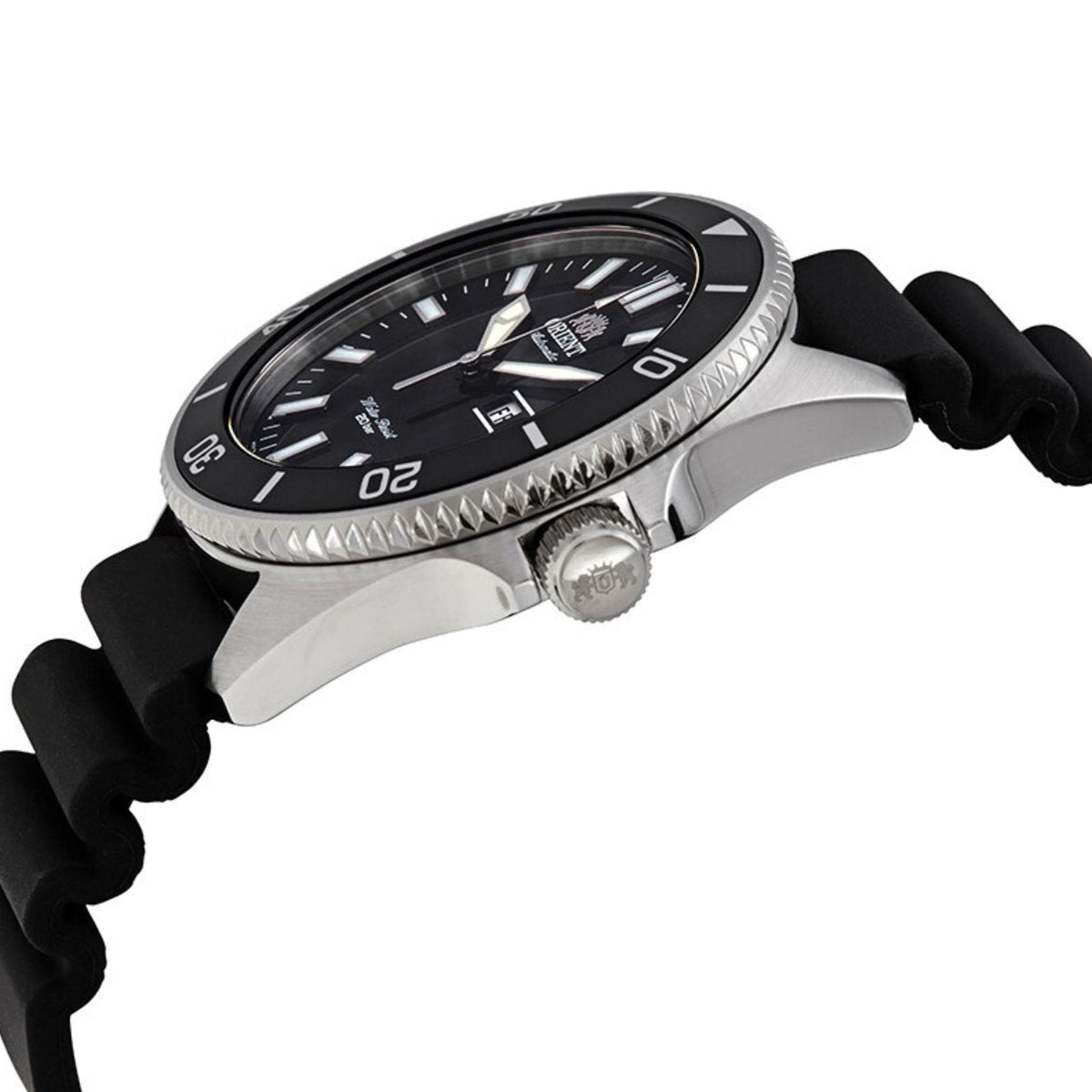 Men's black dial diver watch on black rubber strap with silver rotating bezel