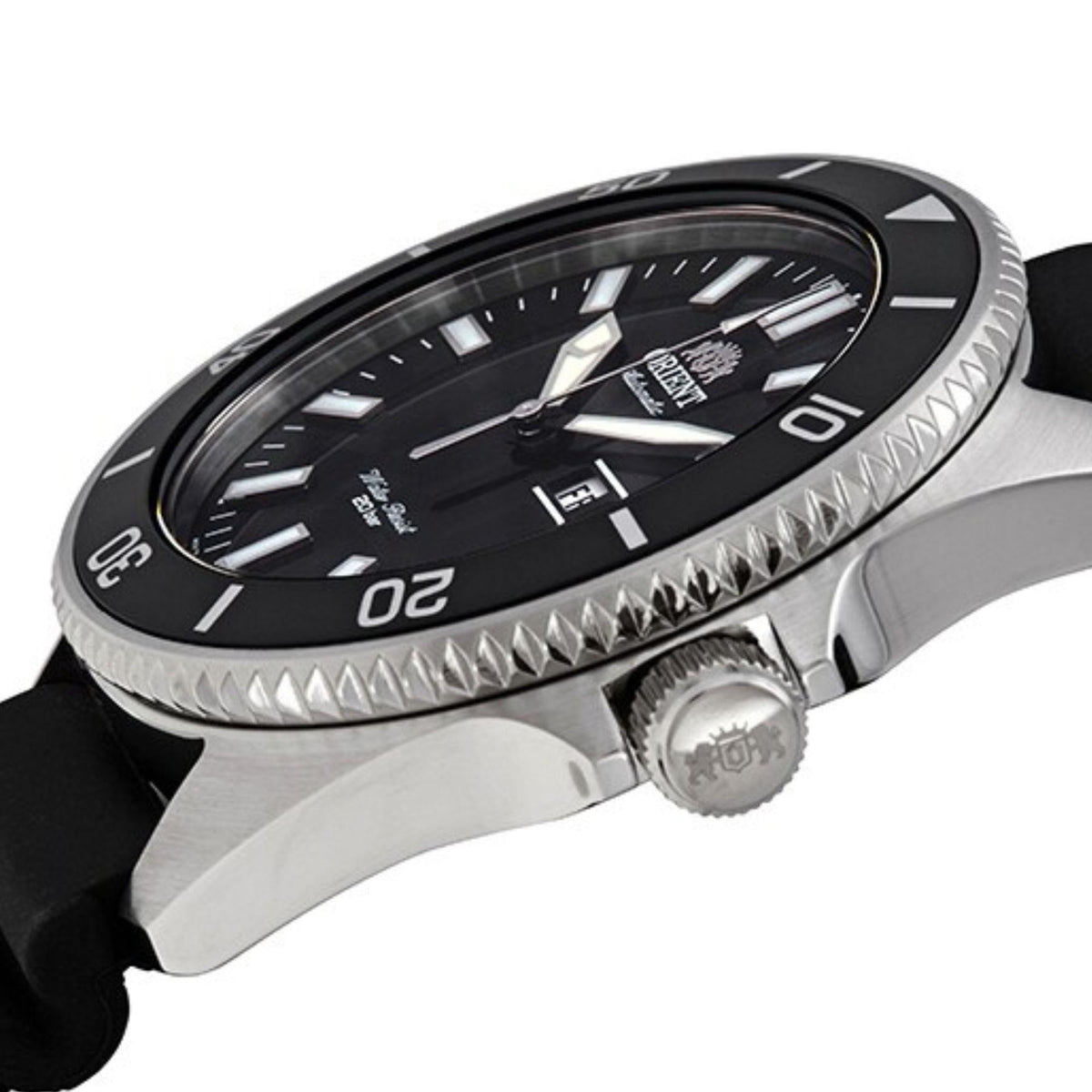 Men's automatic diver watch angled view with black dial, silver bezel and black rubber strap