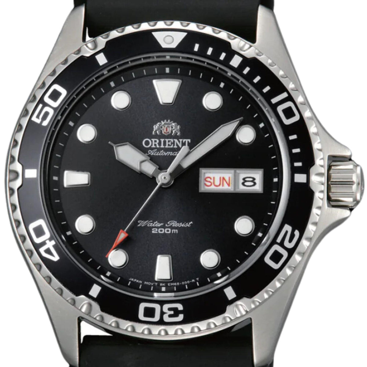 Black Orient automatic watch face with bezel markings, round hour markers, and Sun/8 date