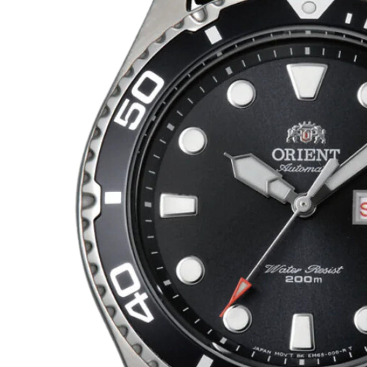 Close-up of black watch dial with silver hands, hour markers, and Water Resist 200m